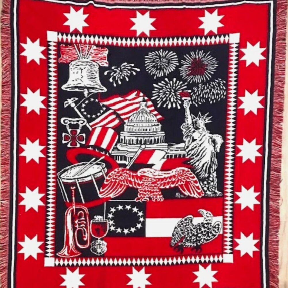 JULY 4TH AMERICA 250 INDEPENDENCE DAY RED/WHITE/BLUE FRINGE APHGAN THROW BLANKET